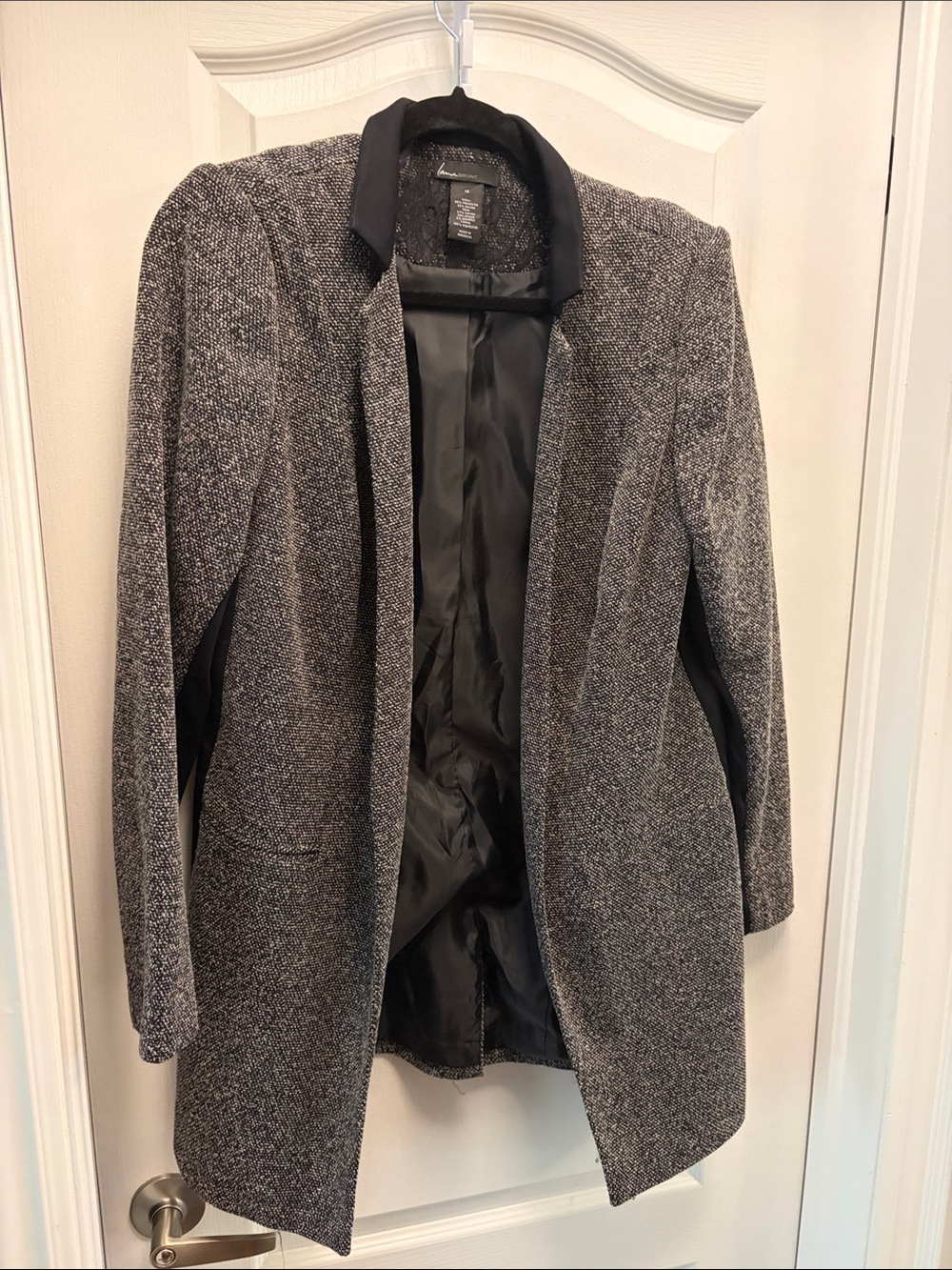 Lane Bryant Gray Tweed Open-Front Blazer with Black Trim